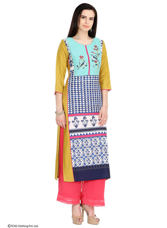 W for Woman Yellow Printed 3/4 Sleeve kurta