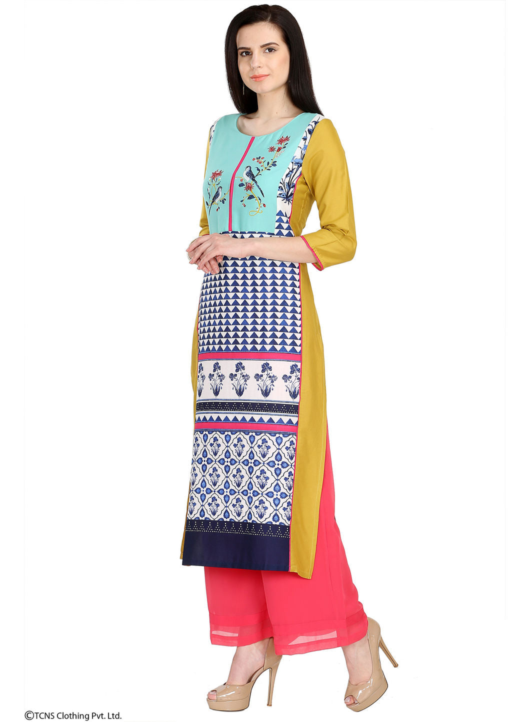 W for Woman Yellow Printed 3/4 Sleeve kurta
