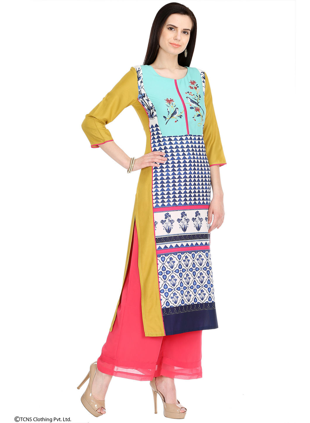 W for Woman Yellow Printed 3/4 Sleeve kurta