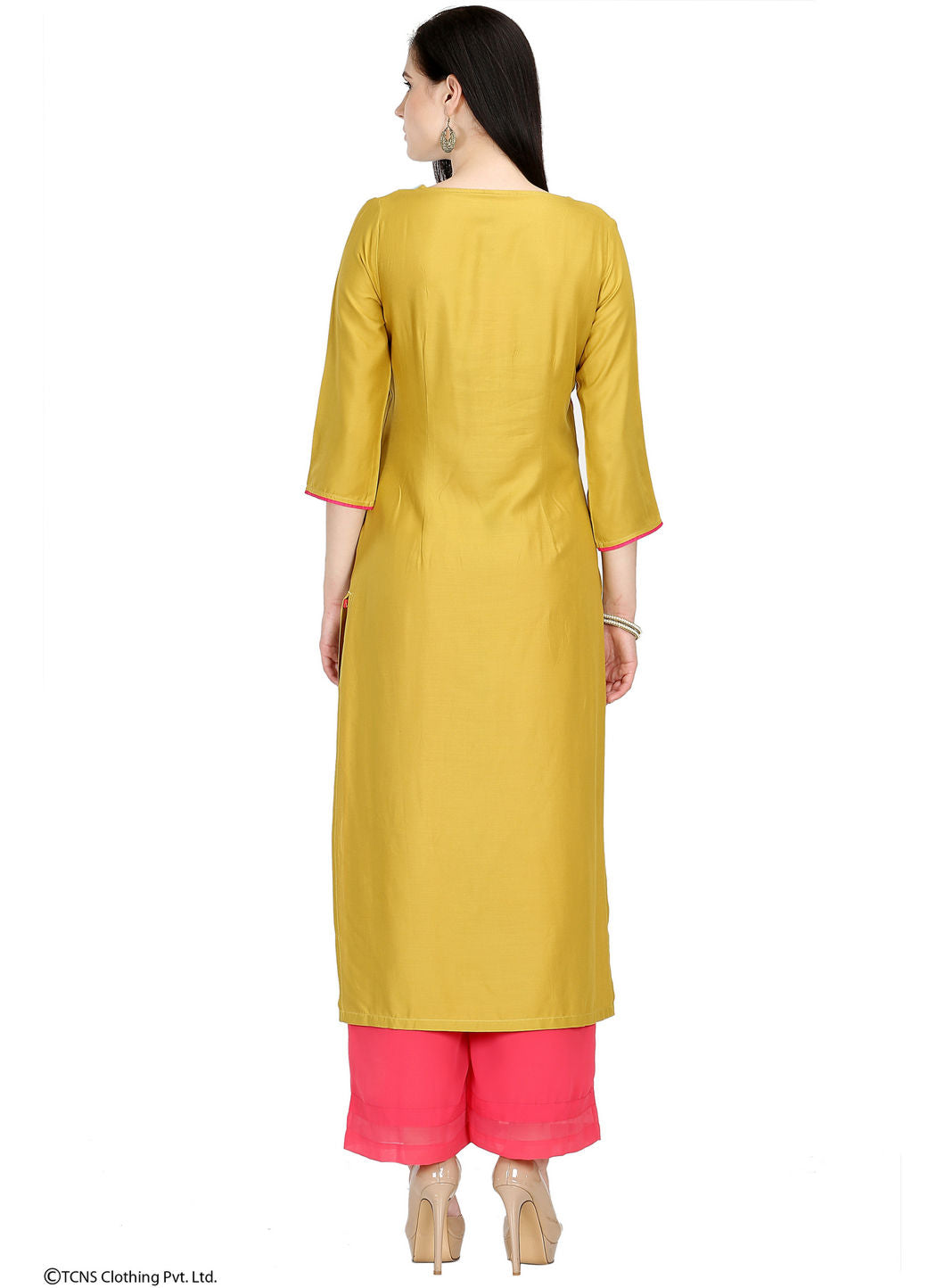 W for Woman Yellow Printed 3/4 Sleeve kurta