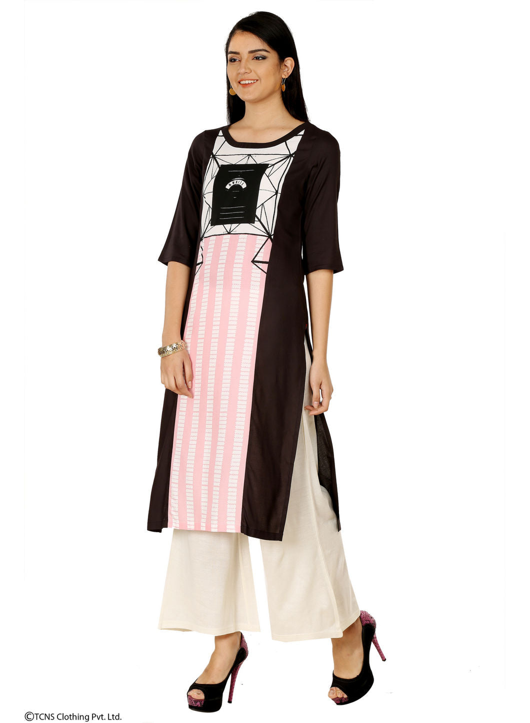 W for Woman Black Printed 3/4 Sleeve kurta