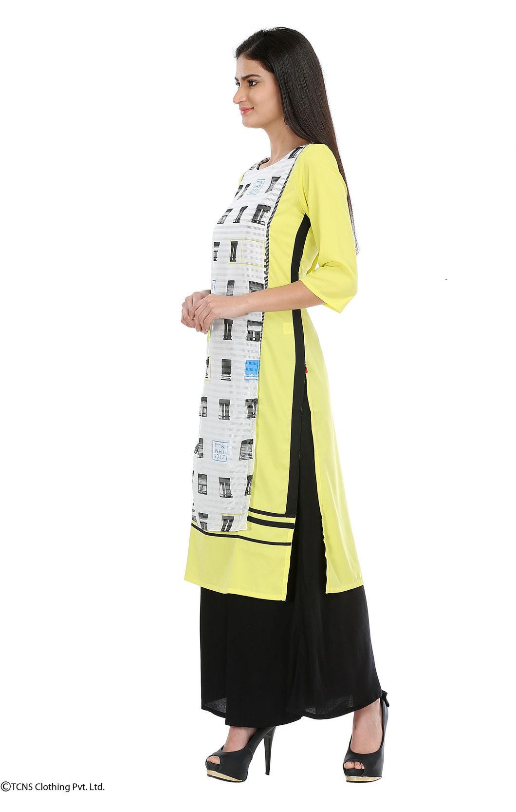 W for Woman Yellow Printed 3/4 Sleeve kurta