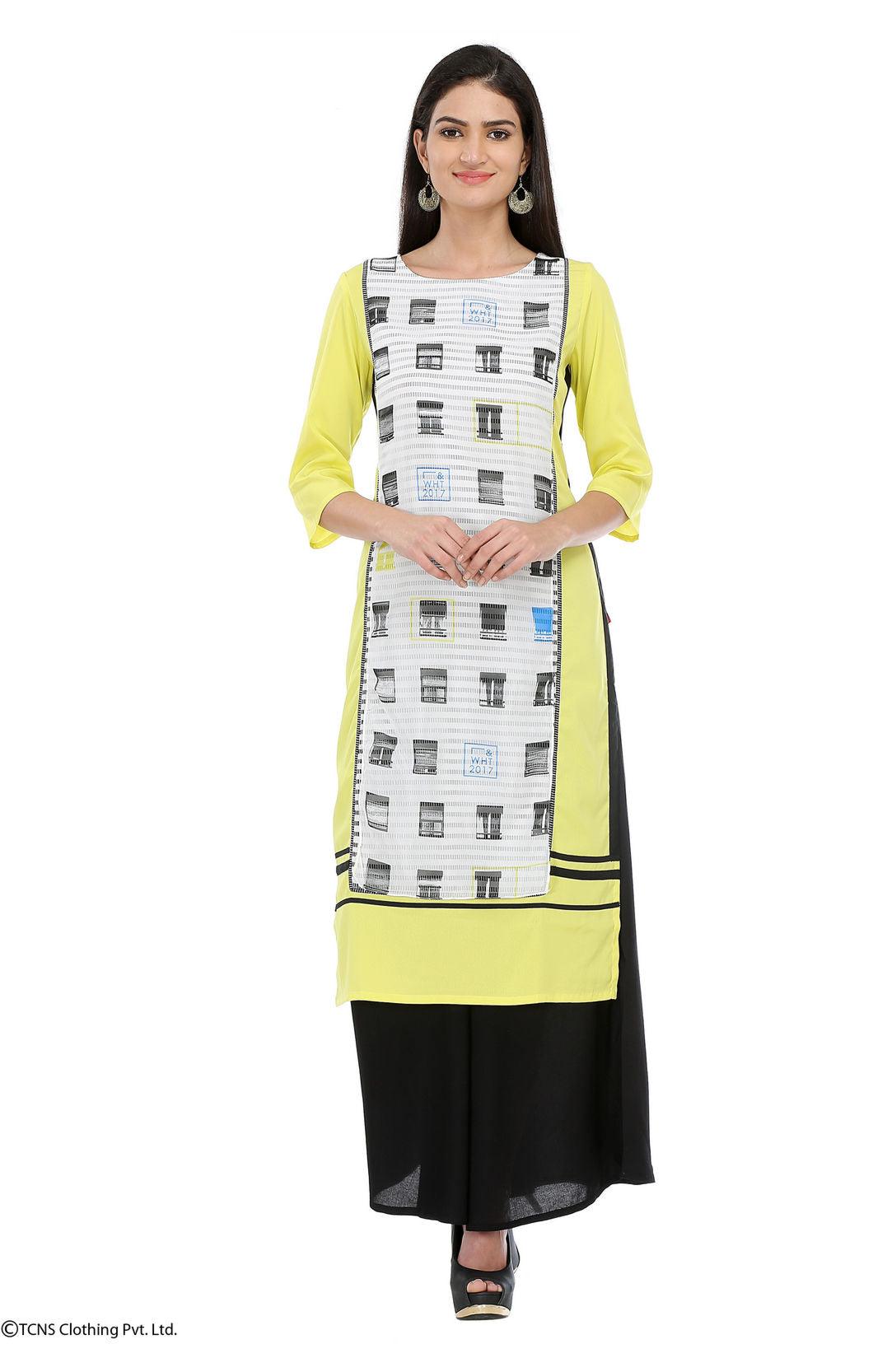 W for Woman Yellow Printed 3/4 Sleeve kurta