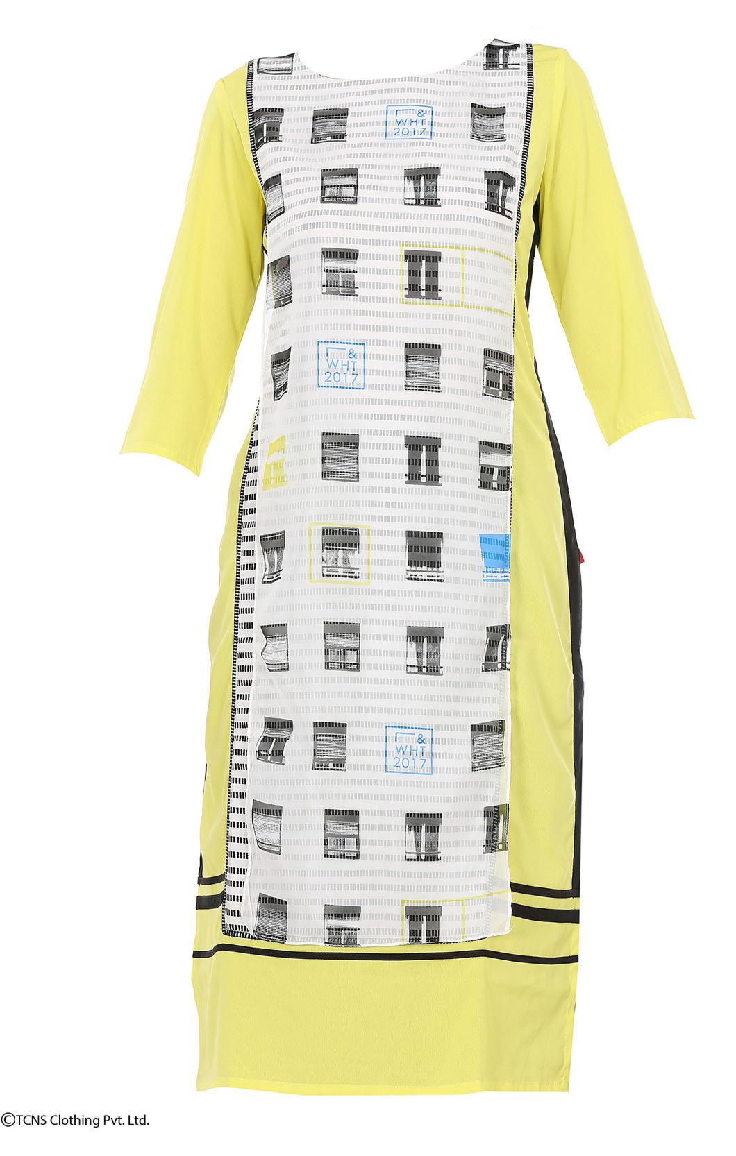 W for Woman Yellow Printed 3/4 Sleeve kurta