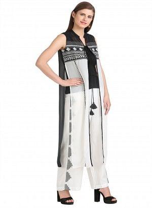 W for Woman White & Black Sleeveless Printed Gillet  Grab2Buy WforWoman Grab2Buy