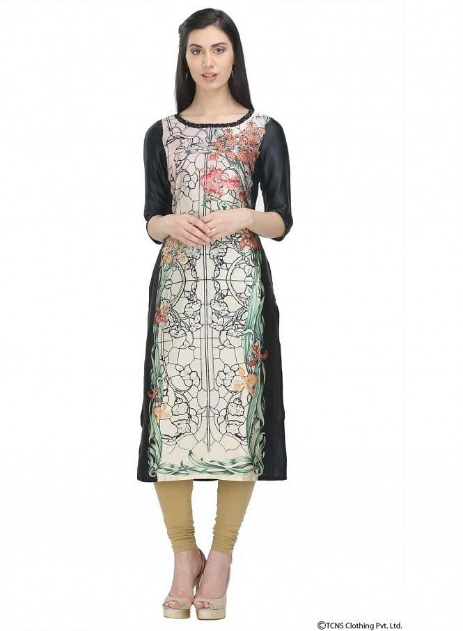 W for Woman Black Printed 3/4 Sleeve kurta