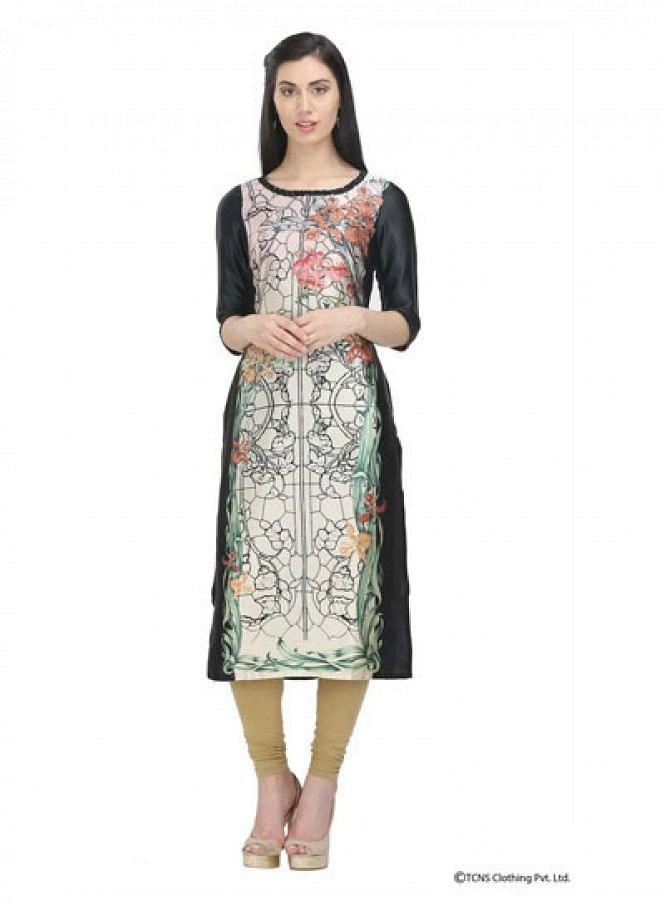 W for Woman Black Printed 3/4 Sleeve kurta