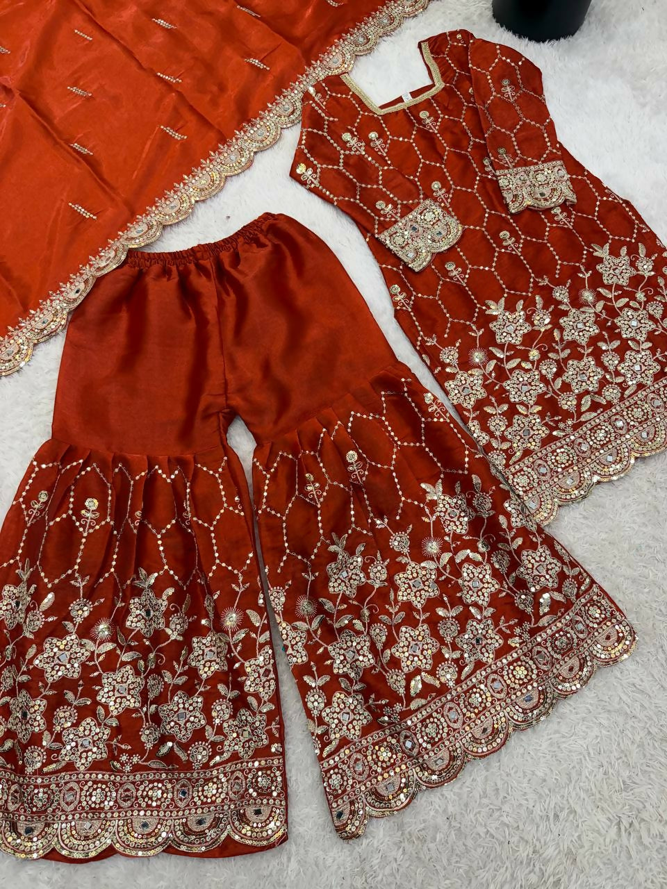 Teeya Creation New Trendy Latest Designer Embroidery Sharara Kurta Set -Orange