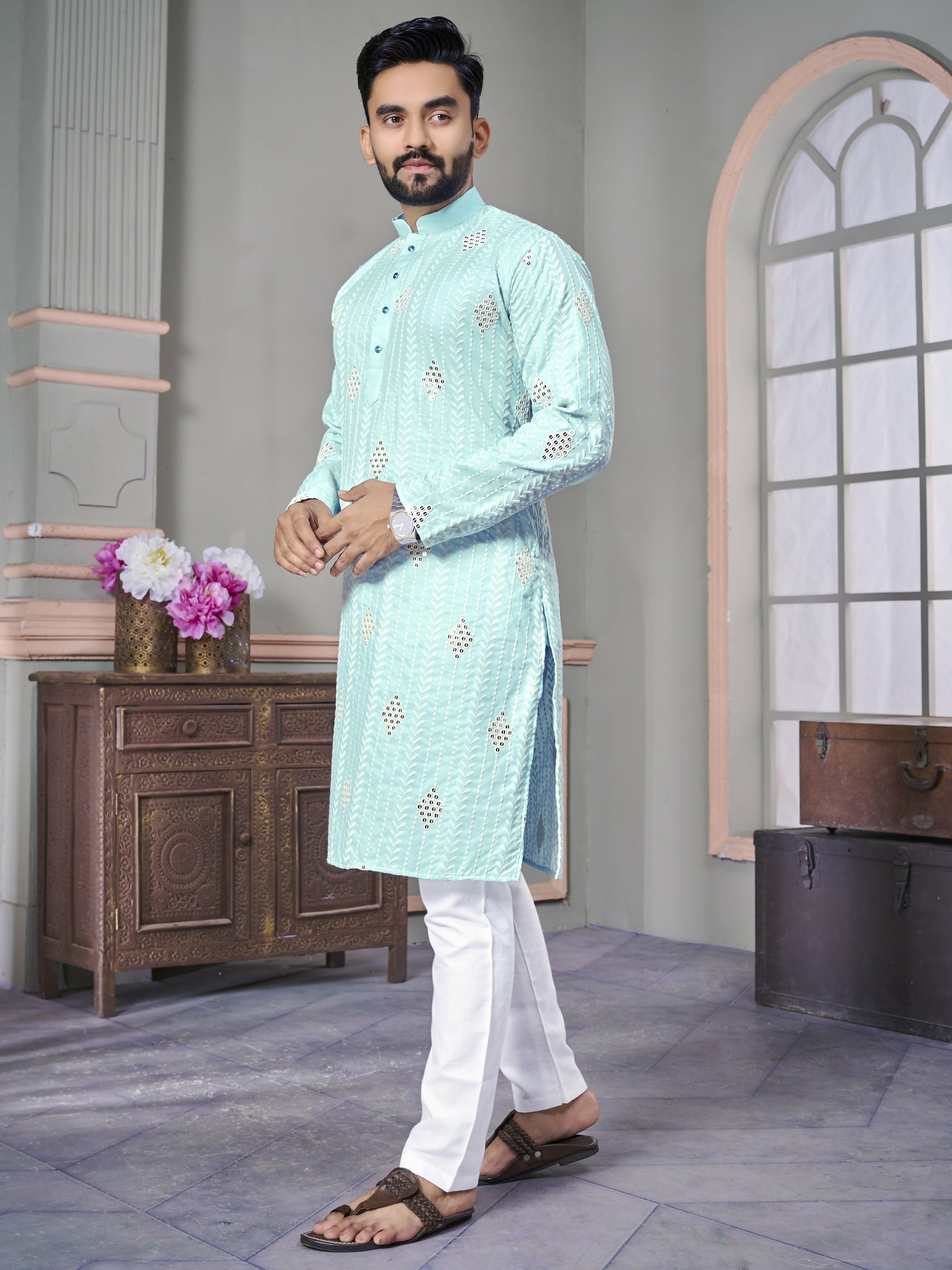 Men's Sky Blue Embroidered Designer Kurta Set by Infinity Export