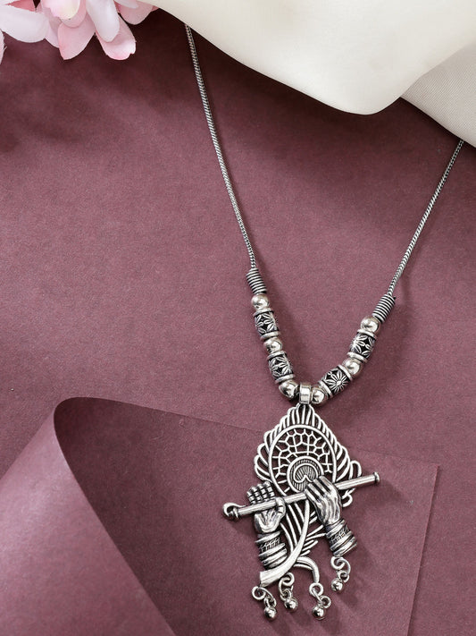 NVR Women's Silver-Toned German Silver Oxidised Pendant with Chain 