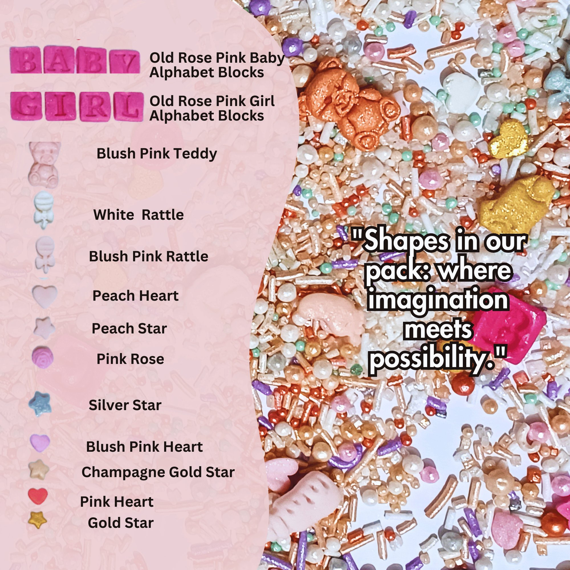 Confect Girls Baby Shower Sprinkles | Mix Silver, Gold & Blush pink Sprinkles Pack of 5