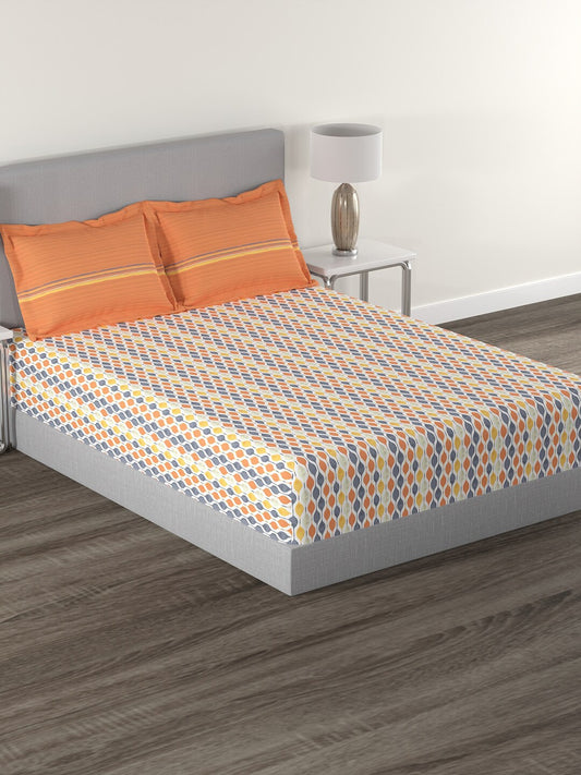 MYTRIDENT Orange White Geometric Cotton 144 TC Queen Bedsheet With 2 Pillow Covers 