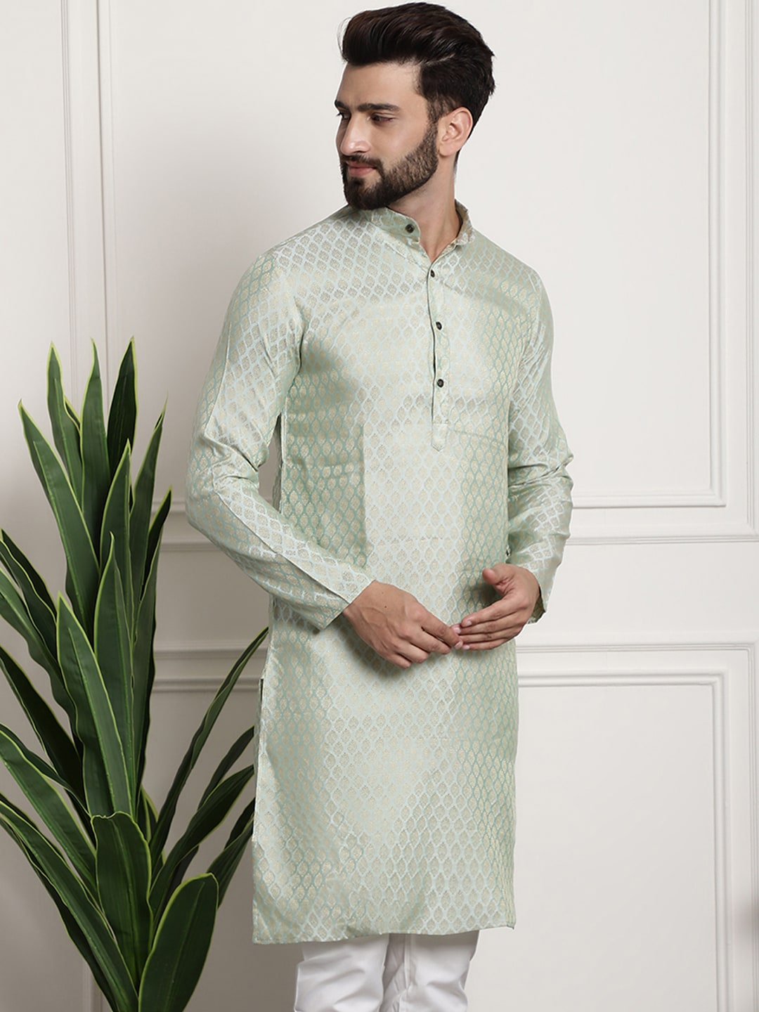 Sojanya Men Green & Beige Ethnic Motifs Jacquard Woven Design Straight Kurta 
