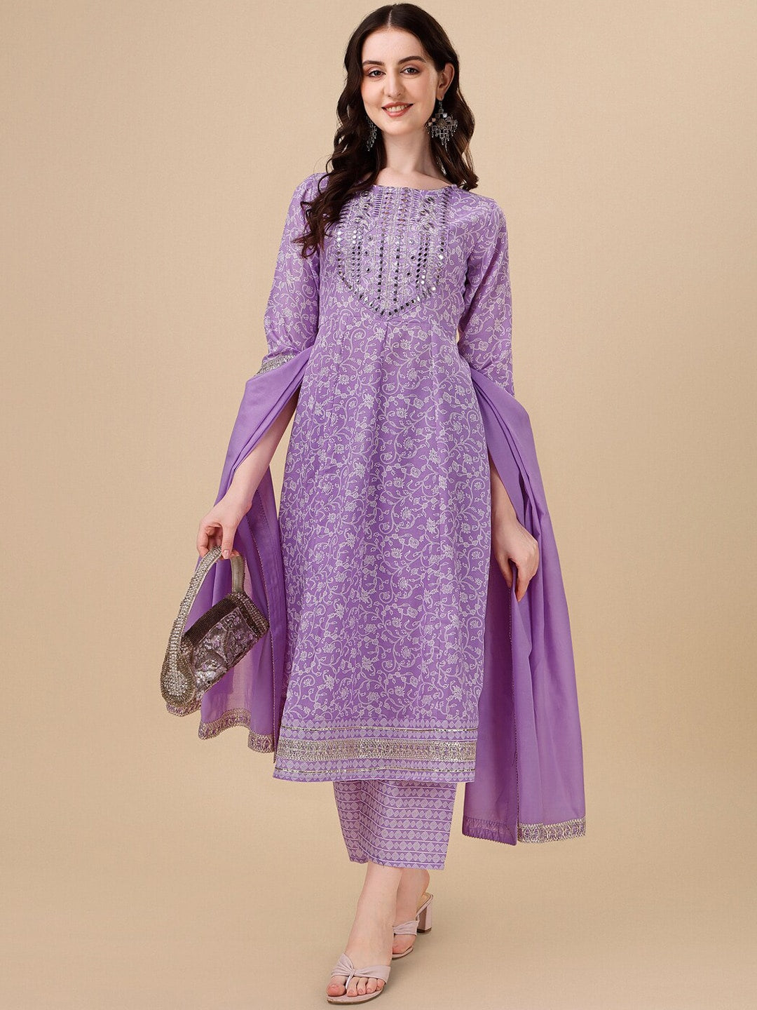 HERE&NOW Purple Floral Printed Pure Cotton A-Line Kurta & Trousers With Dupatta