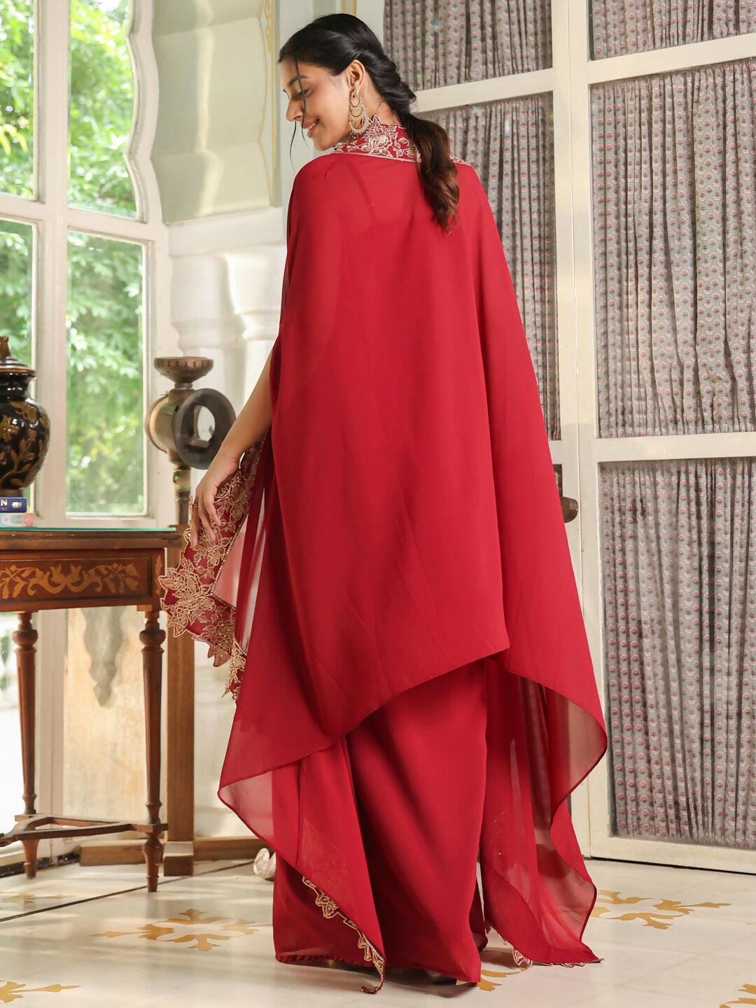Janasya Maroon Georgette Solid Top Bottom Cape 