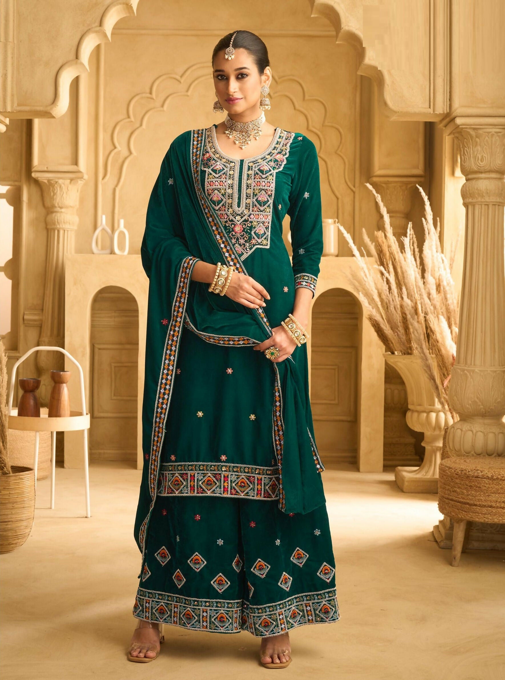 Anaita Green Embroidered with beads Velvet Stitched Plazo Suit