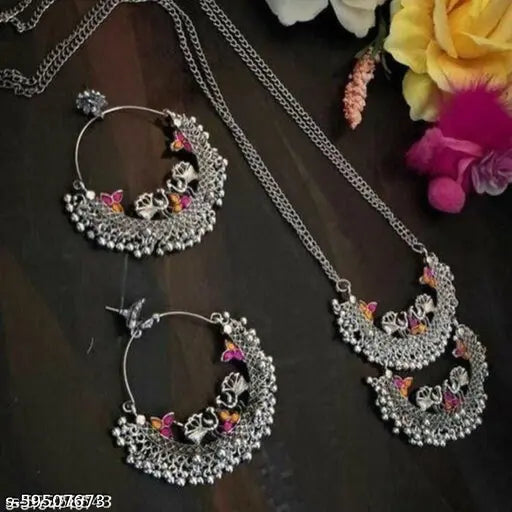 Tehzeeb Creations Women's Silver Colour Oxidised Necklace And Earrings With Peacock Design Tehzeeb Creations