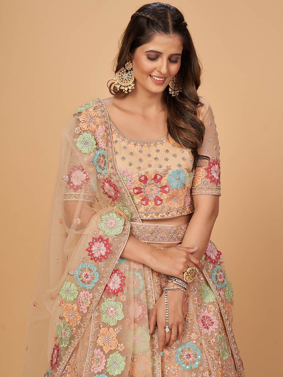 Myra Peach Soft Net Heavy Embroidered Designer Lehenga