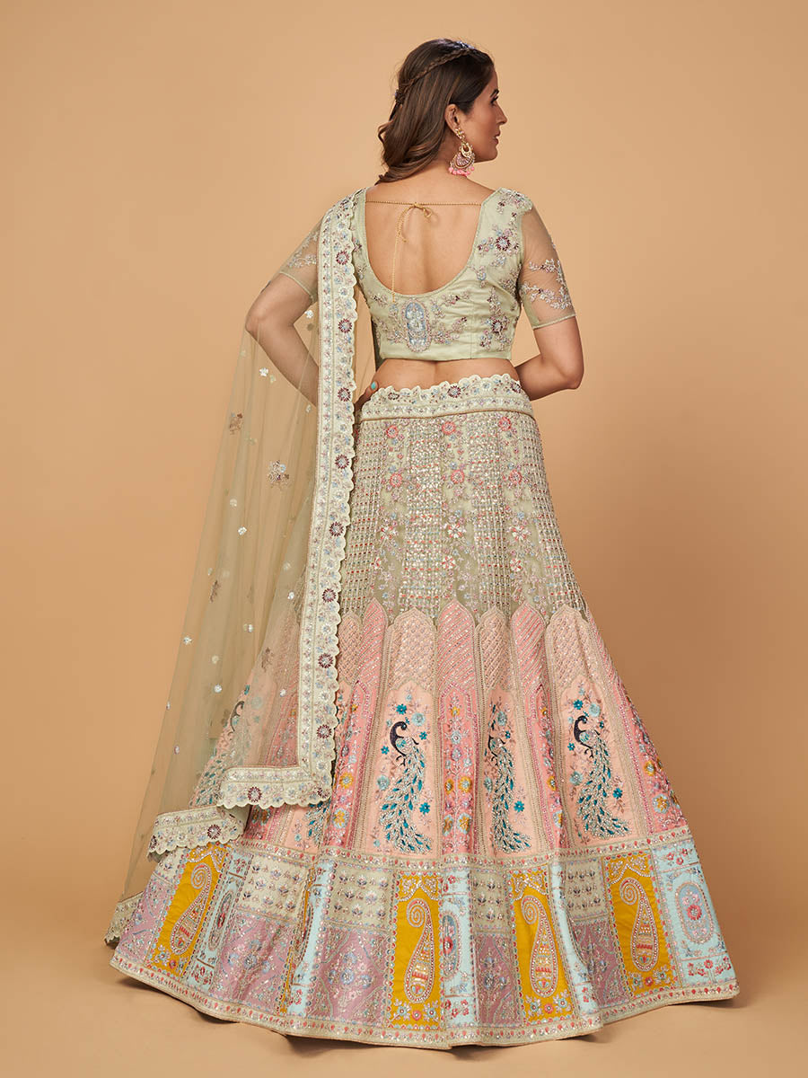 Myra Pista Green Soft Net Heavy Embroidered Designer Lehenga