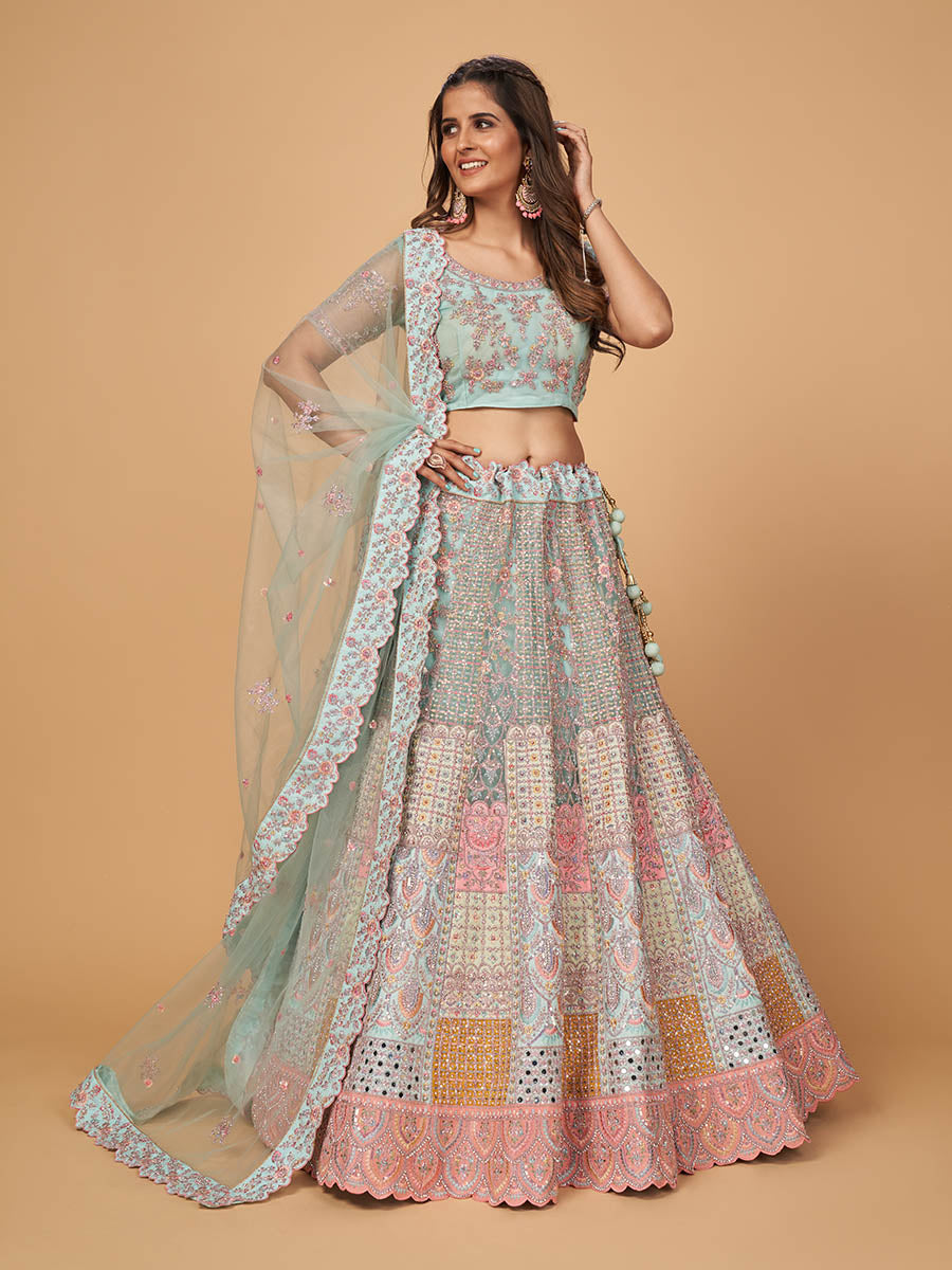 Myra Sky Blue Soft Net Heavy Embroidered Designer Lehenga