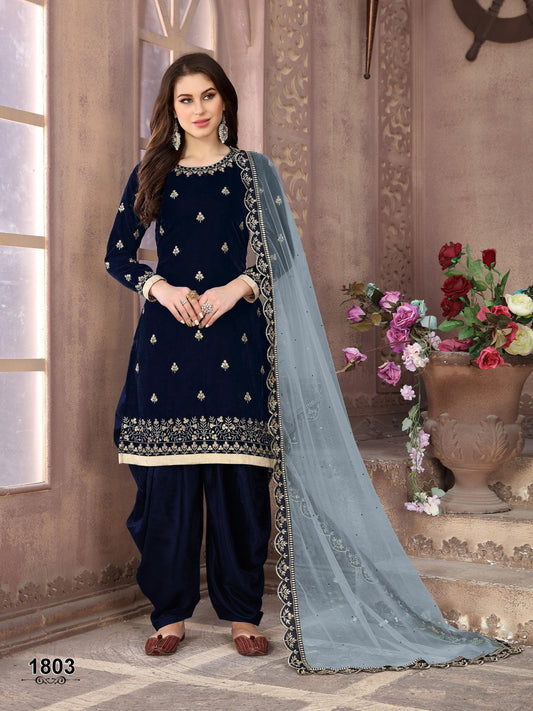 Anaita Navy Blue Embroidered Velvet Patiala Suit