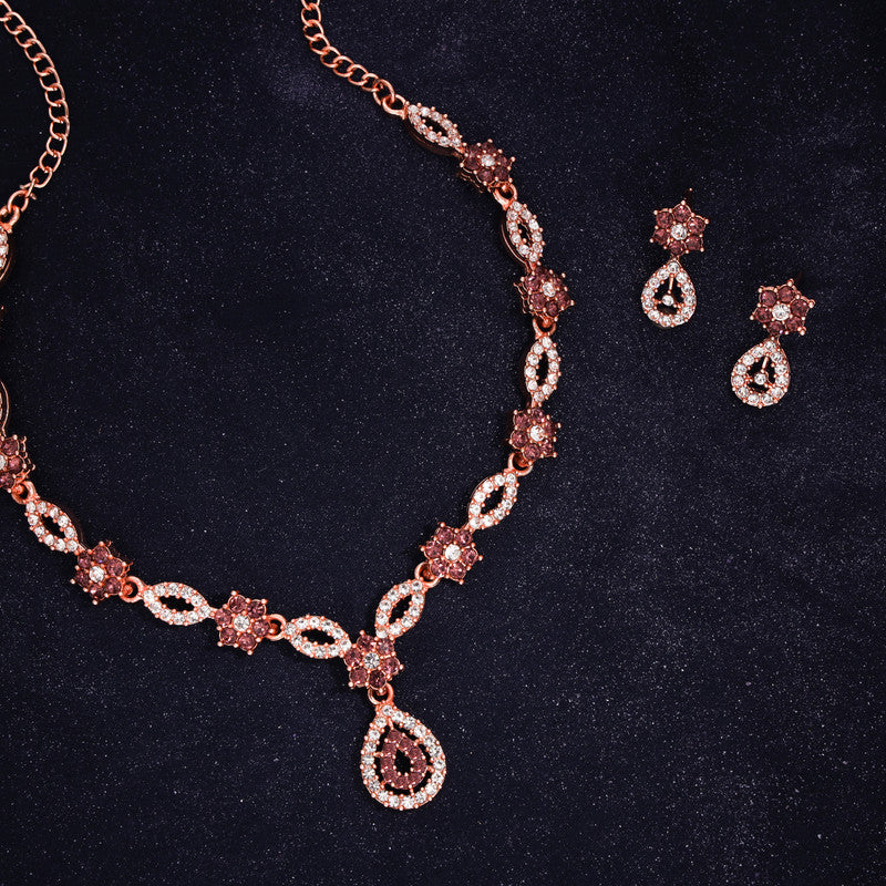 Tehzeeb Creations Elegant Rose Gold Polished American Diamond (Ad) Studded Necklace And Earring Set For Women Tehzeeb Creations