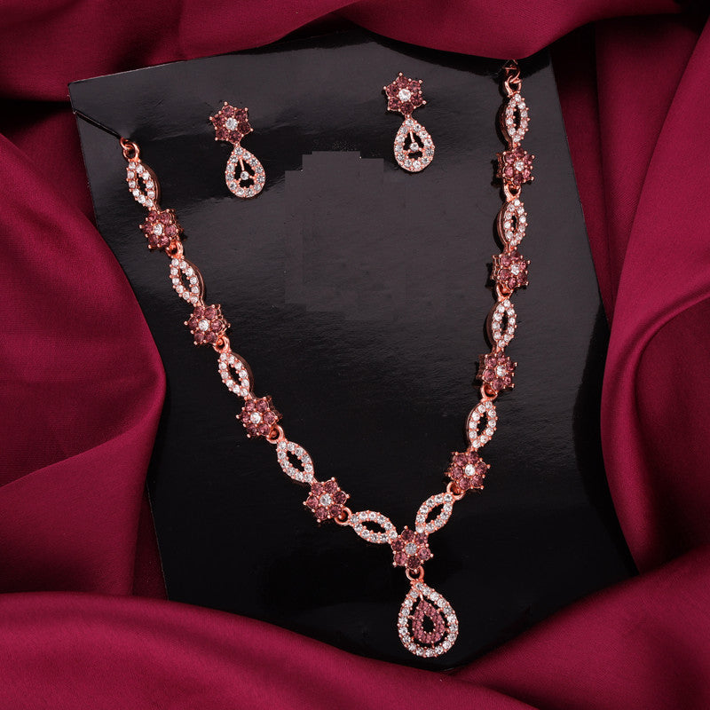 Tehzeeb Creations Elegant Rose Gold Polished American Diamond (Ad) Studded Necklace And Earring Set For Women Tehzeeb Creations