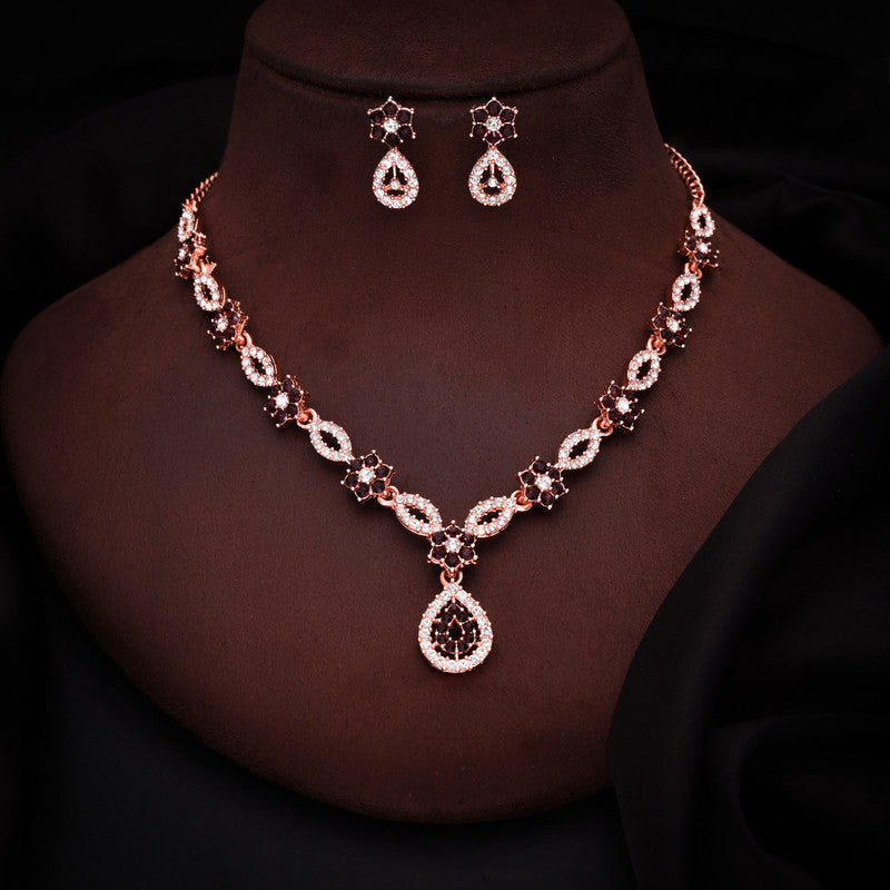 Tehzeeb Creations Elegant Maroon Polished American Diamond (Ad) Studded Necklace And Earring Set For Women Tehzeeb Creations