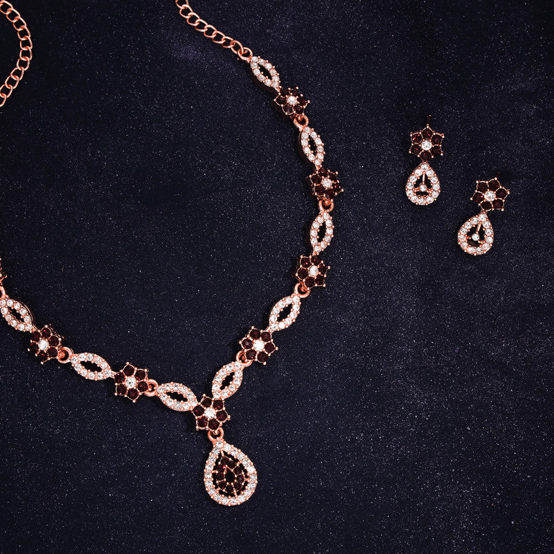 Tehzeeb Creations Elegant Maroon Polished American Diamond (Ad) Studded Necklace And Earring Set For Women Tehzeeb Creations