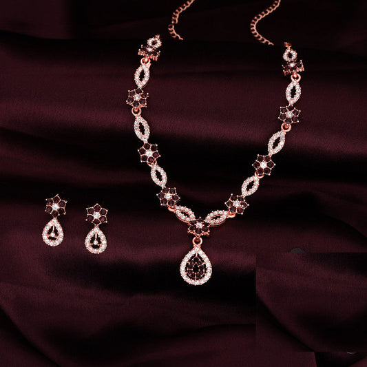 Tehzeeb Creations Elegant Maroon Polished American Diamond (Ad) Studded Necklace And Earring Set For Women Tehzeeb Creations