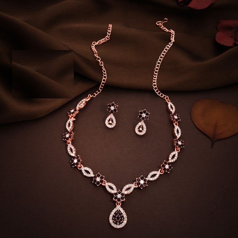 Tehzeeb Creations Elegant Maroon Polished American Diamond (Ad) Studded Necklace And Earring Set For Women Tehzeeb Creations