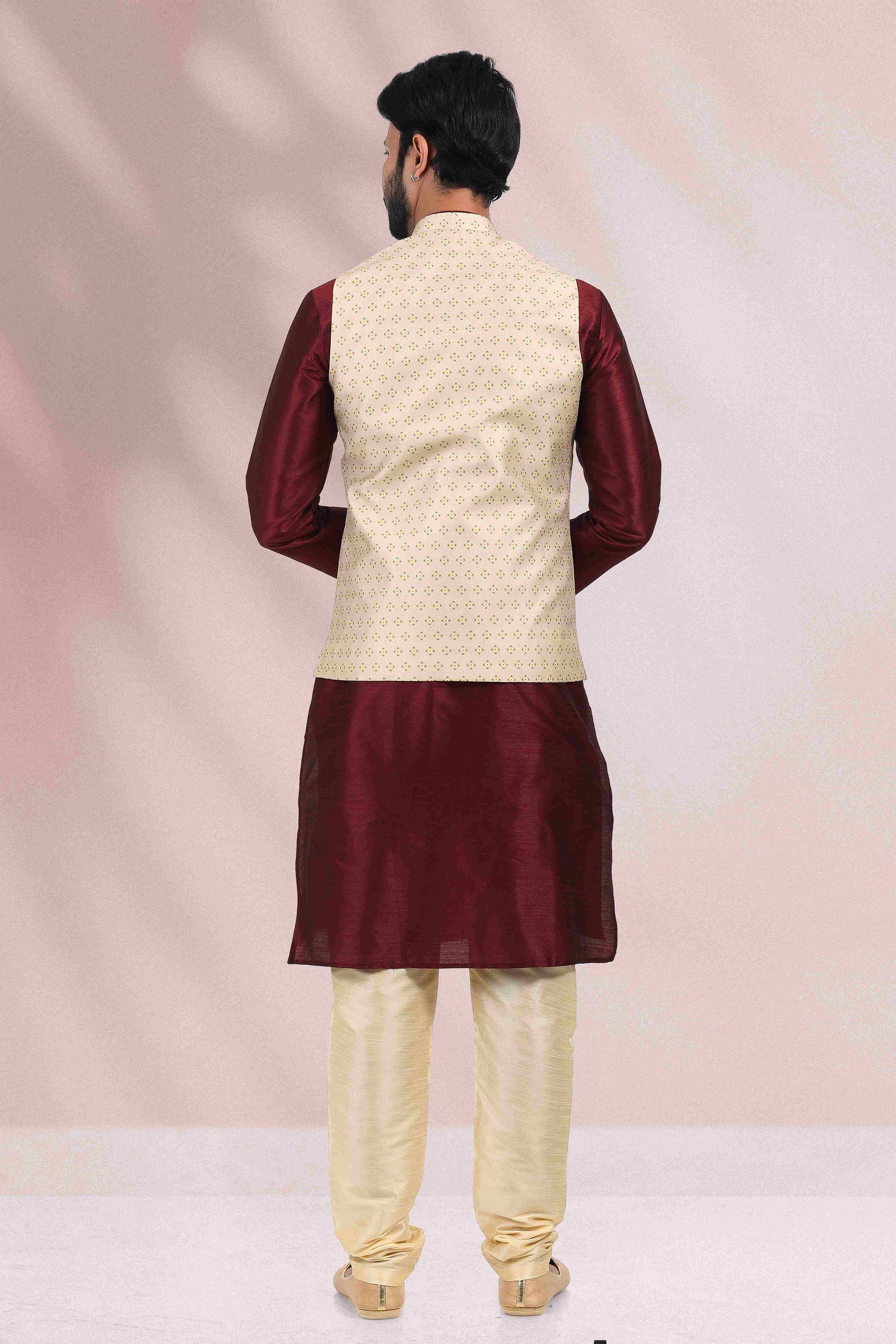 Raivat Ethnic Art Banarasi Silk Printed Work 3 Pics Jacket Set In Cream Colour