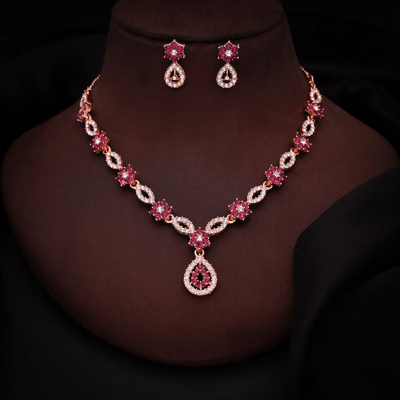 Tehzeeb Creations Elegant Pink Polished American Diamond (Ad) Studded Necklace And Earring Set For Women Tehzeeb Creations