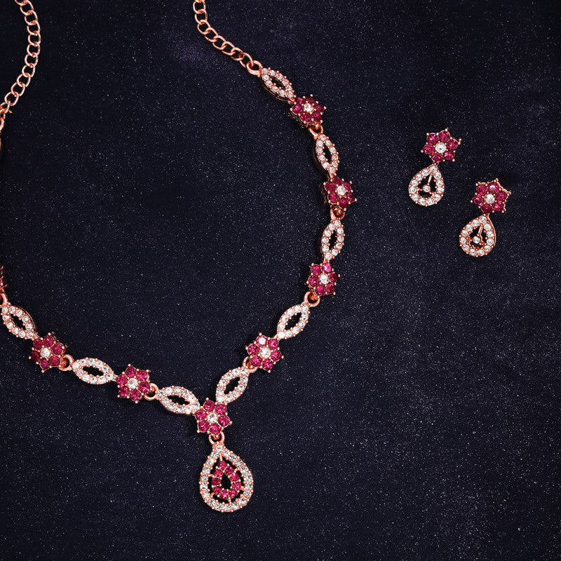 Tehzeeb Creations Elegant Pink Polished American Diamond (Ad) Studded Necklace And Earring Set For Women Tehzeeb Creations