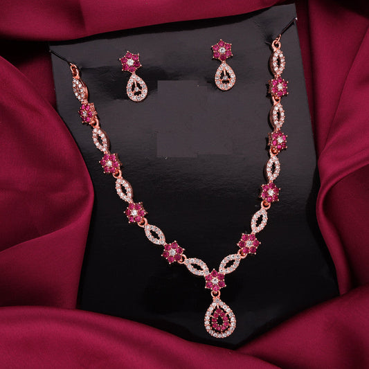 Tehzeeb Creations Elegant Pink Polished American Diamond (Ad) Studded Necklace And Earring Set For Women Tehzeeb Creations