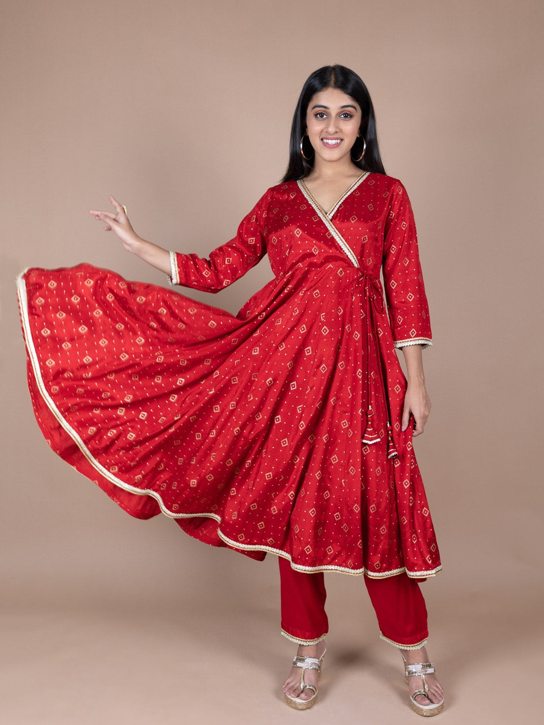 HERE&NOW Red & Beige Ethnic Motifs Printed Angrakha Gotta Patti Kurta with Trousers