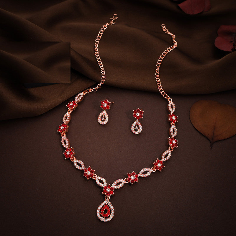 Tehzeeb Creations Elegant Red Polished American Diamond (Ad) Studded Necklace And Earring Set For Women Tehzeeb Creations