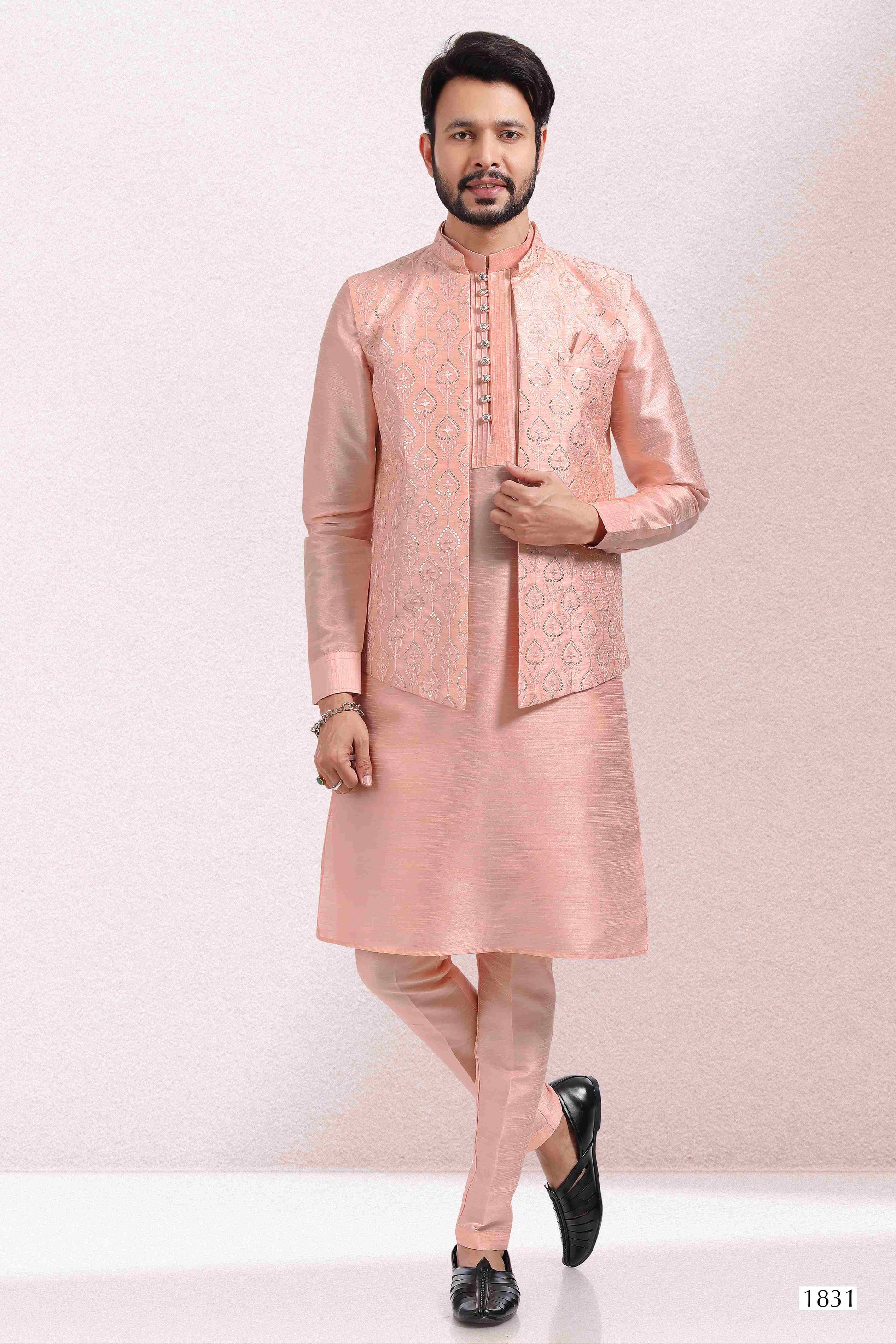 Raivat Ethnic Art Banarasi Silk Thread Work 3 Pics Jacket Set In Peach Colour