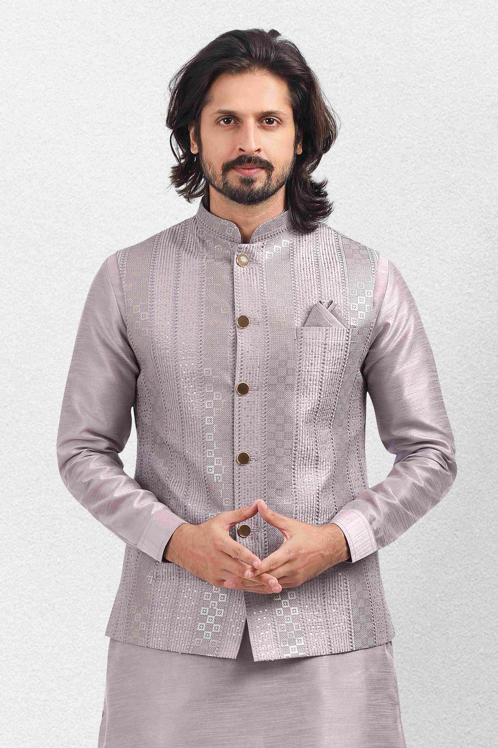 Raivat Ethnic Art Banarasi Silk Thread Work 3 Pics Jacket Set In Light Purple Colour