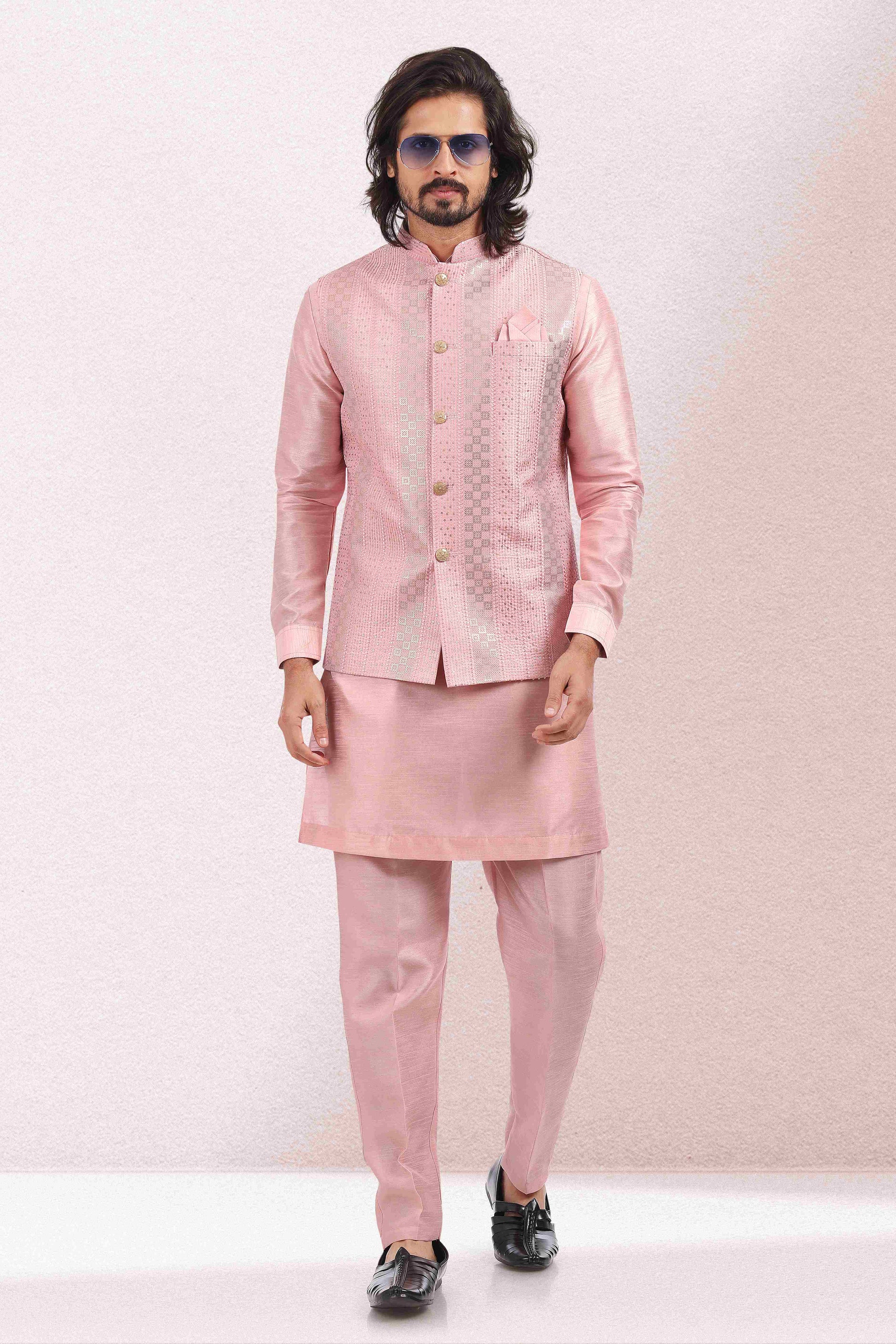 Raivat Ethnic Art Banarasi Silk Thread Work 3 Pics Jacket Set In Pink Colour