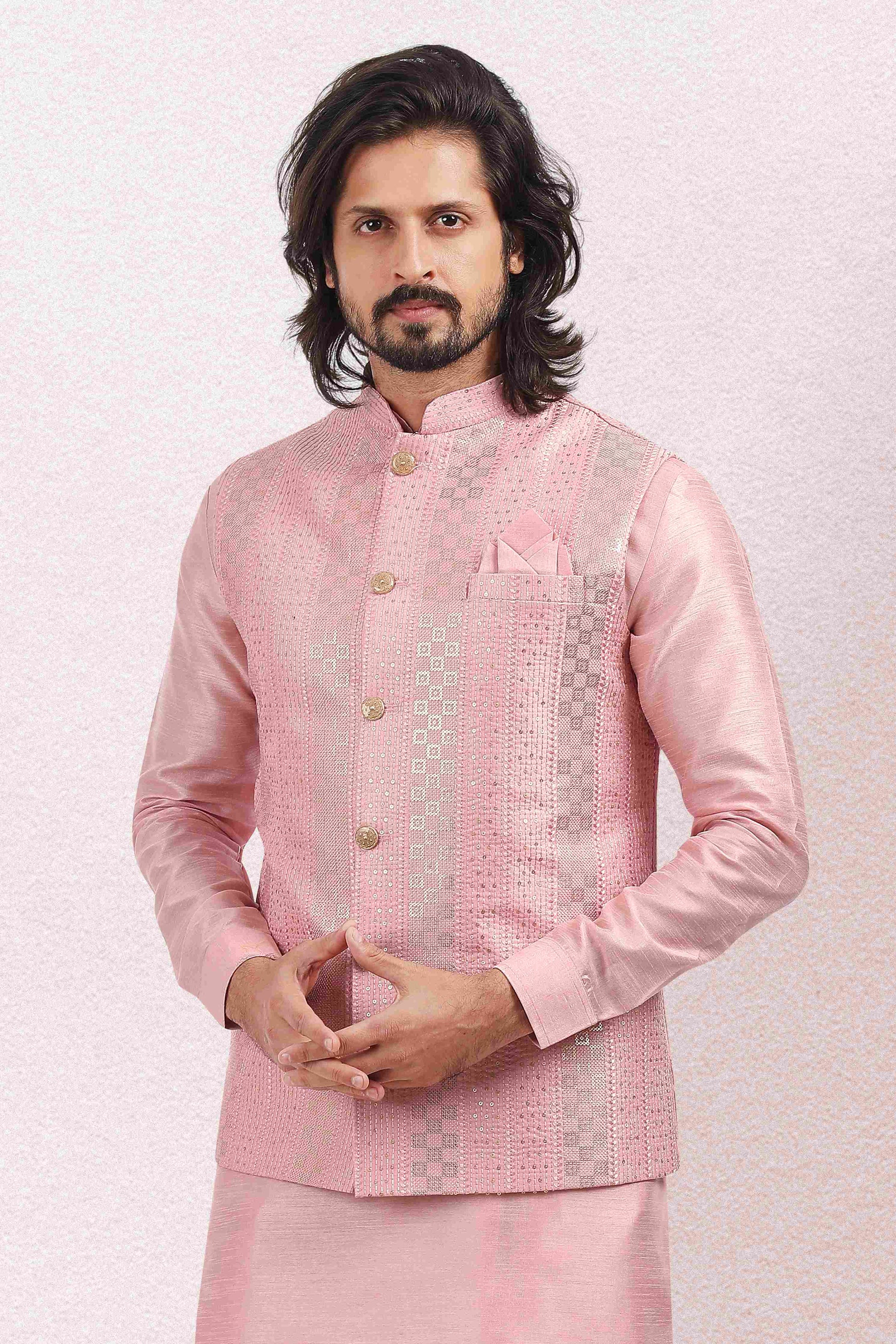 Raivat Ethnic Art Banarasi Silk Thread Work 3 Pics Jacket Set In Pink Colour