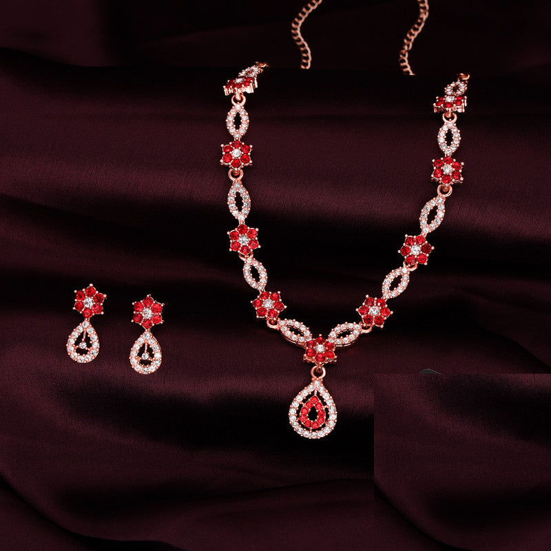 Tehzeeb Creations Elegant Red Polished American Diamond (Ad) Studded Necklace And Earring Set For Women Tehzeeb Creations