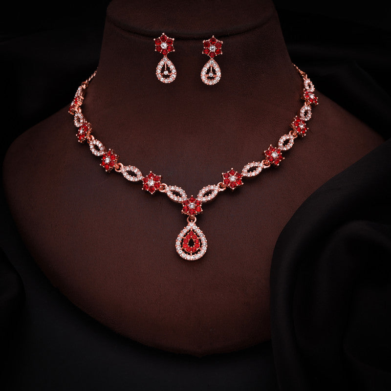 Tehzeeb Creations Elegant Red Polished American Diamond (Ad) Studded Necklace And Earring Set For Women Tehzeeb Creations