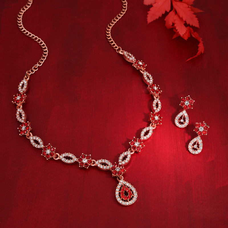 Tehzeeb Creations Elegant Red Polished American Diamond (Ad) Studded Necklace And Earring Set For Women Tehzeeb Creations