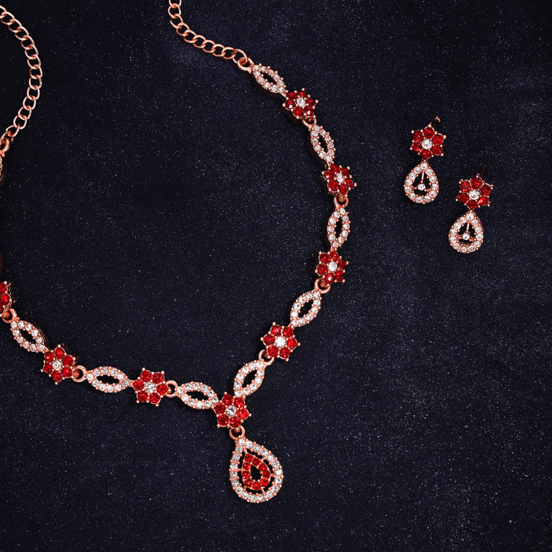 Tehzeeb Creations Elegant Red Polished American Diamond (Ad) Studded Necklace And Earring Set For Women Tehzeeb Creations