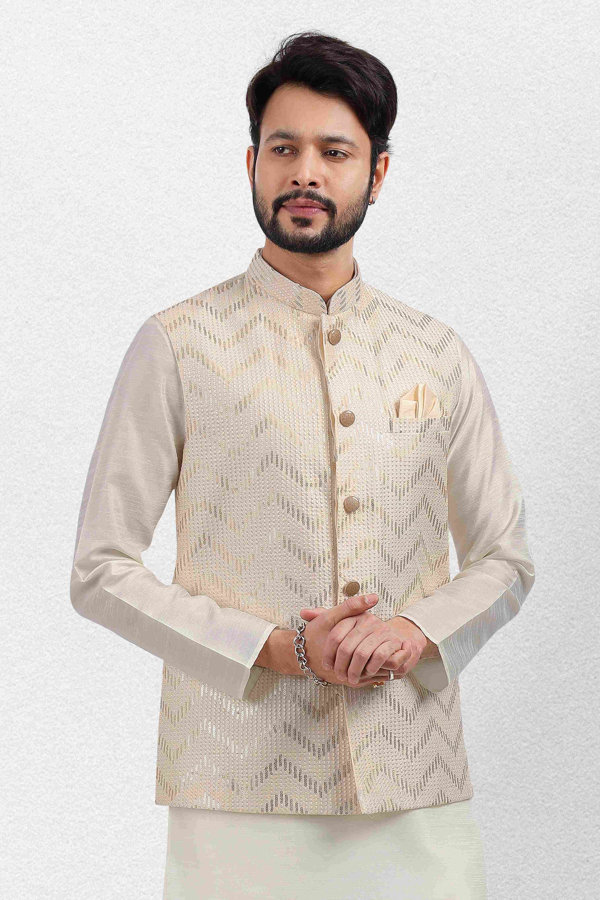 Raivat Ethnic Art Banarasi Silk Thread Work 3 Pics Jacket Set In Cream Colour
