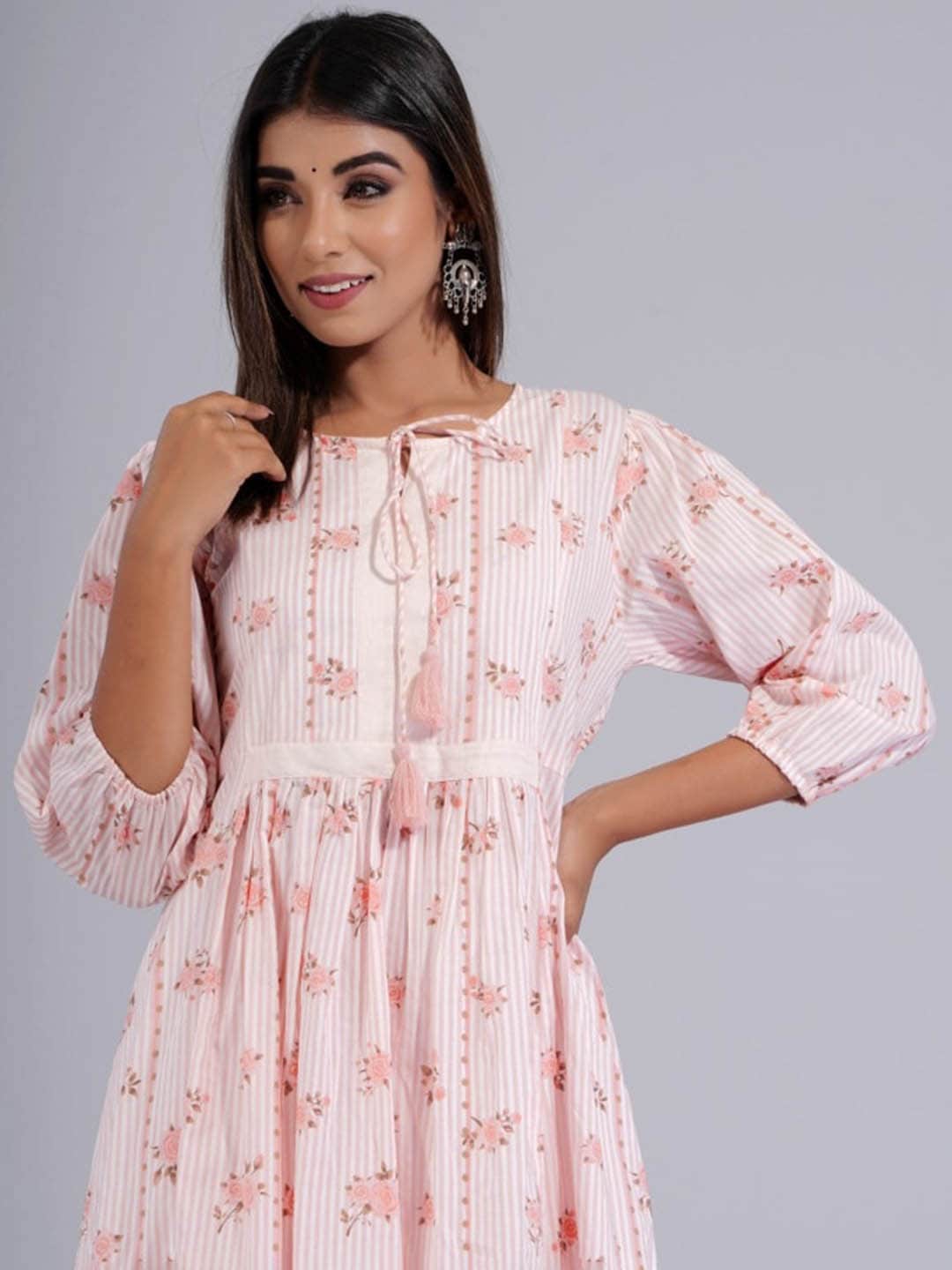HERE&NOW Peach & White Floral Printed Tie-Up Neck Cotton A-Line Kurta