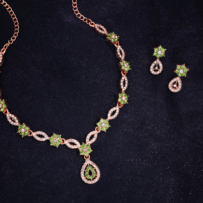 Tehzeeb Creations Elegant Sea Green Polished American Diamond (Ad) Studded Necklace And Earring Set For Women Tehzeeb Creations