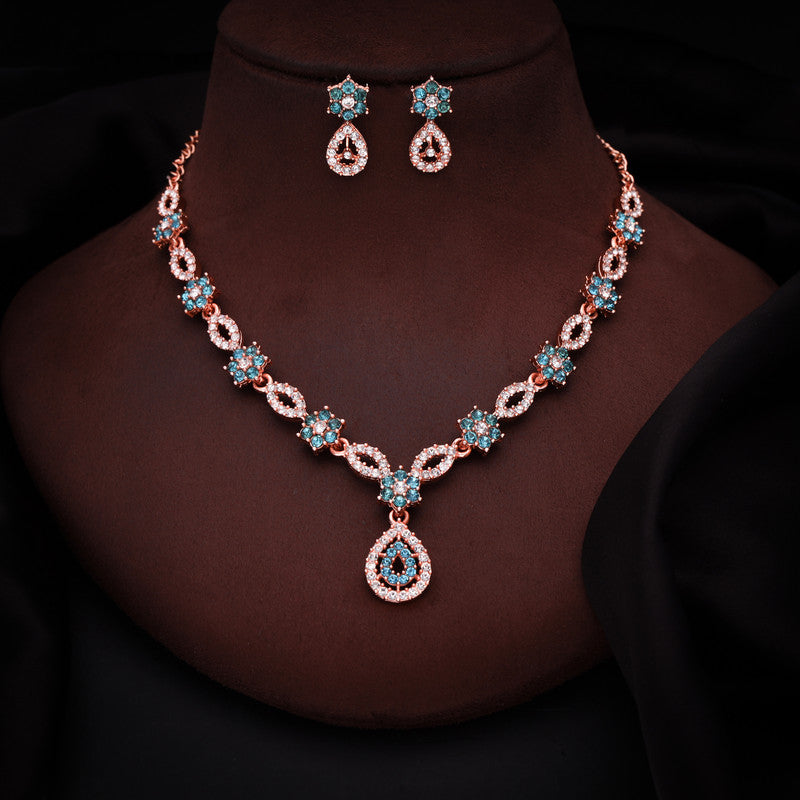 Tehzeeb Creations Elegant Sky Blue Polished American Diamond (Ad) Studded Necklace And Earring Set For Women Tehzeeb Creations