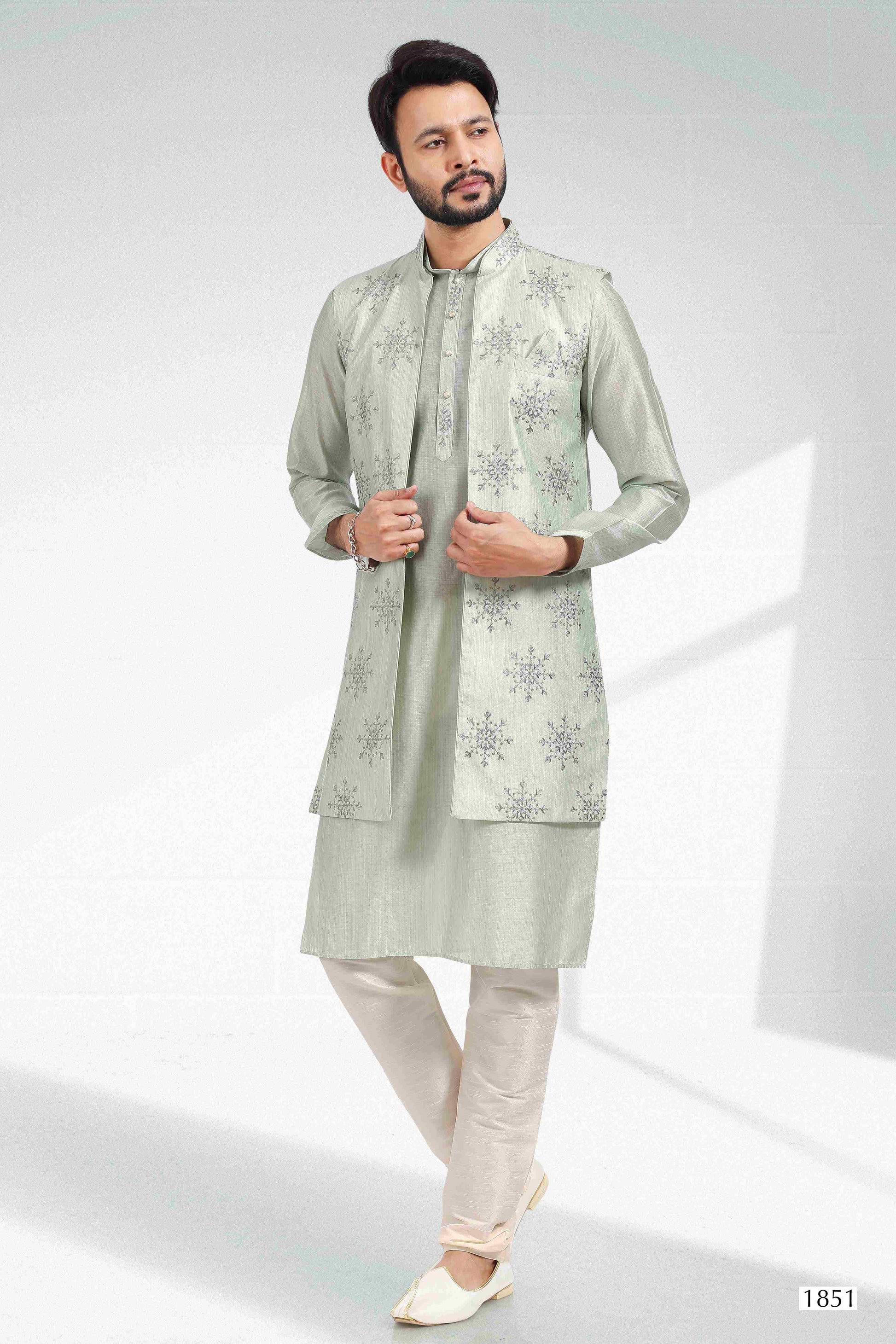 Raivat Ethnic Art Banarasi Silk Thread Work 3 Pics Jacket Set In Pista Green Colour